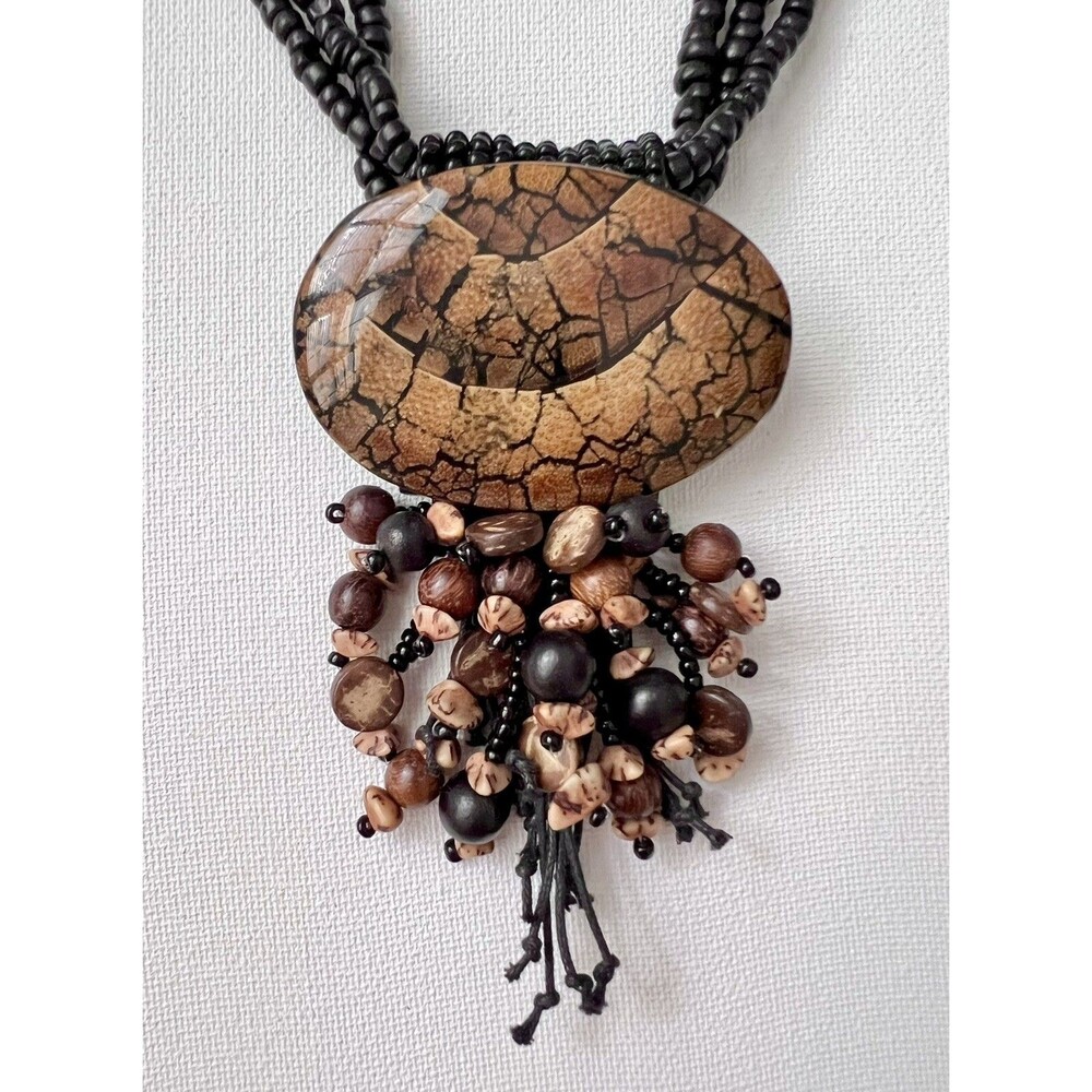 Vintage 80s Wooden Bead Medallion Necklace Natural Exotic Chunky Tribal 3 Strand - Picture 3 of 4